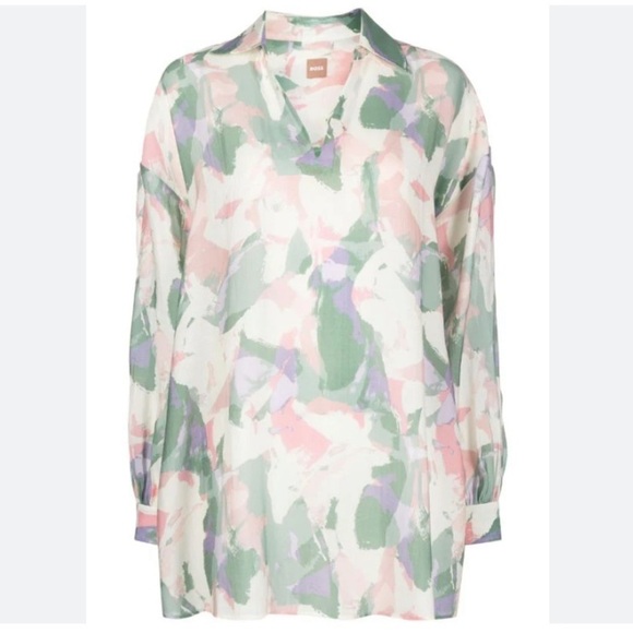 BOSS Hugo Boss Top Abstract Pastel Print Barry Shirt V Neck Blouse Oversized - Picture 2 of 12